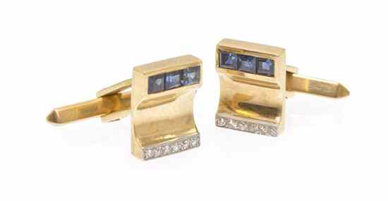 Appraisal: A Pair of Karat Yellow Gold Sapphire and Diamond Cufflinks