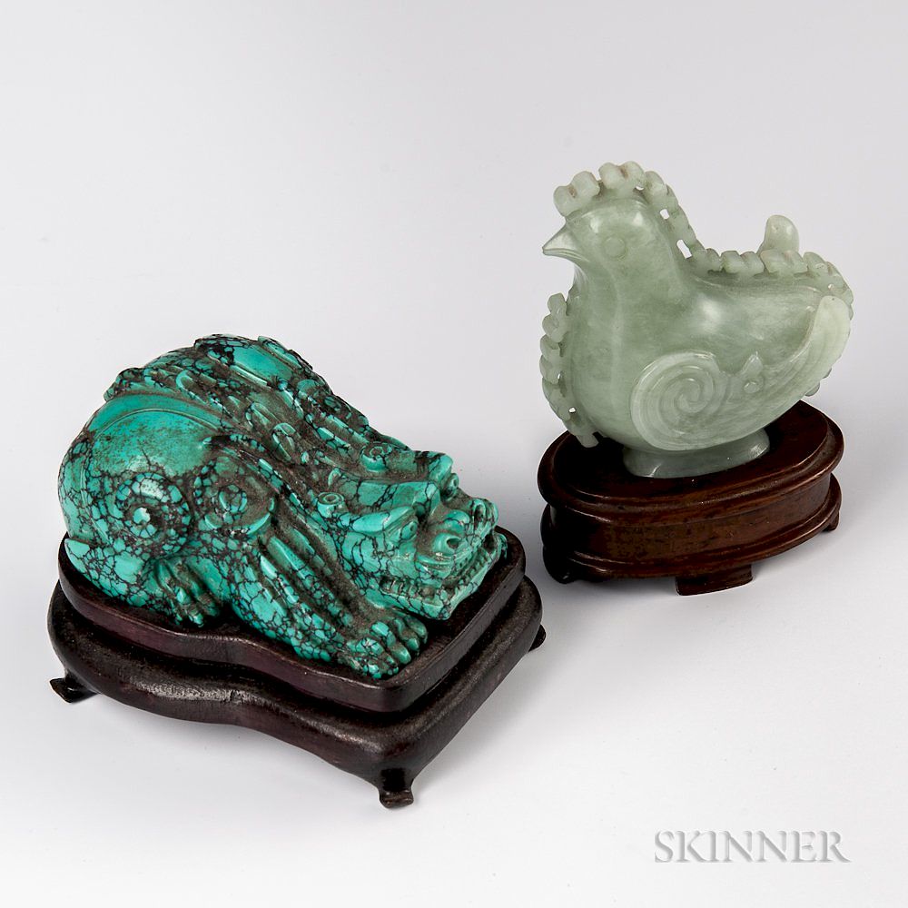 Appraisal: Carved Turquoise Mythical Beast and Jade Rooster Carved Turquoise Mythical