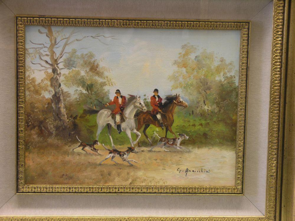 Appraisal: An oil on canvas hunstmen on horseback with hounds indistinctly