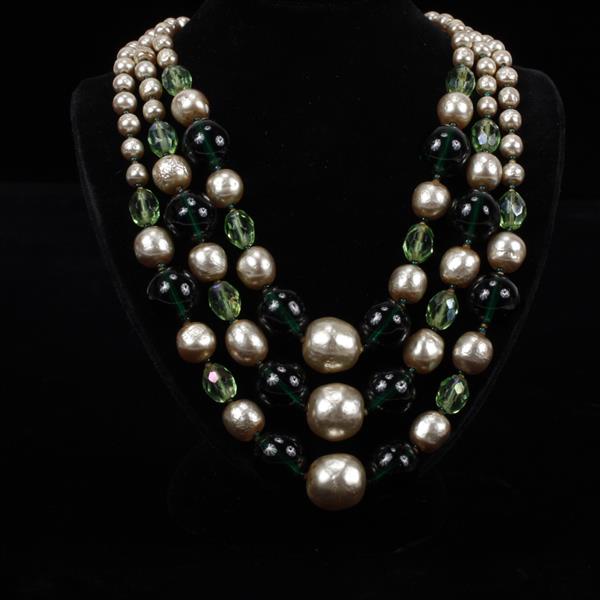 Appraisal: Miriam Haskell Faux Pearl Multi-strand Necklace with Green Glass Beads