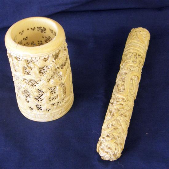 Appraisal: Chinese ivory cylindrical bodkin case carved profusely with figures in