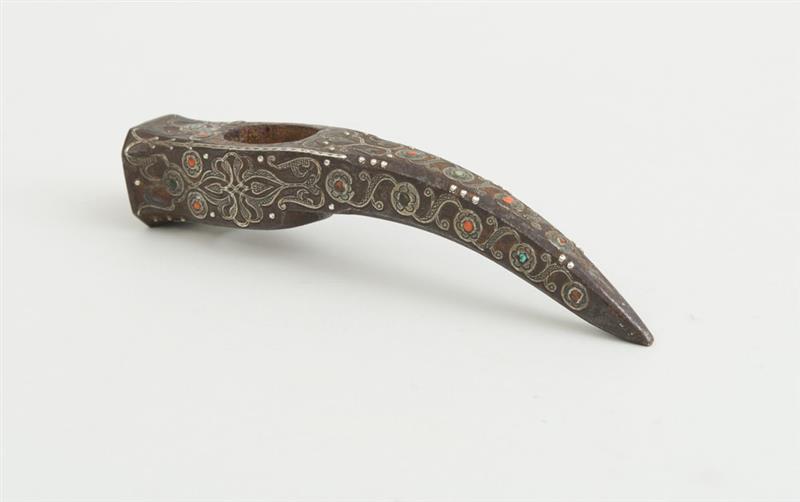 Appraisal: OTTOMAN CORAL AND TURQUOISE-MOUNTED SILVER-INLAID IRON WAR HAMMER HEAD x