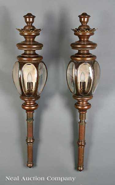 Appraisal: A Pair of Large Patinated Brass Carriage Lanterns urn finial