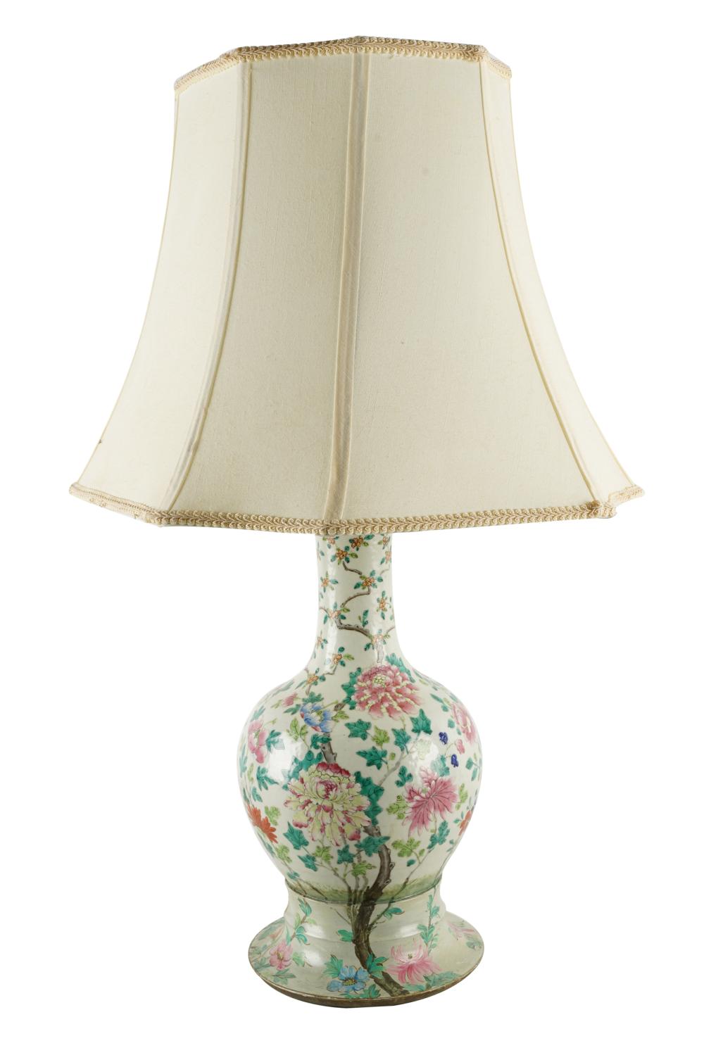 Appraisal: CHINESE PORCELAIN VASEmounted as a table lamp on a floral-painted