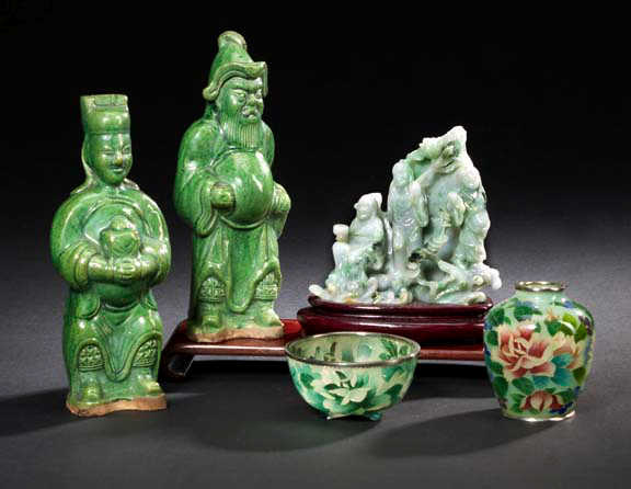 Appraisal: Chinese Carved Jadeite Mountain Group the icy green stone with