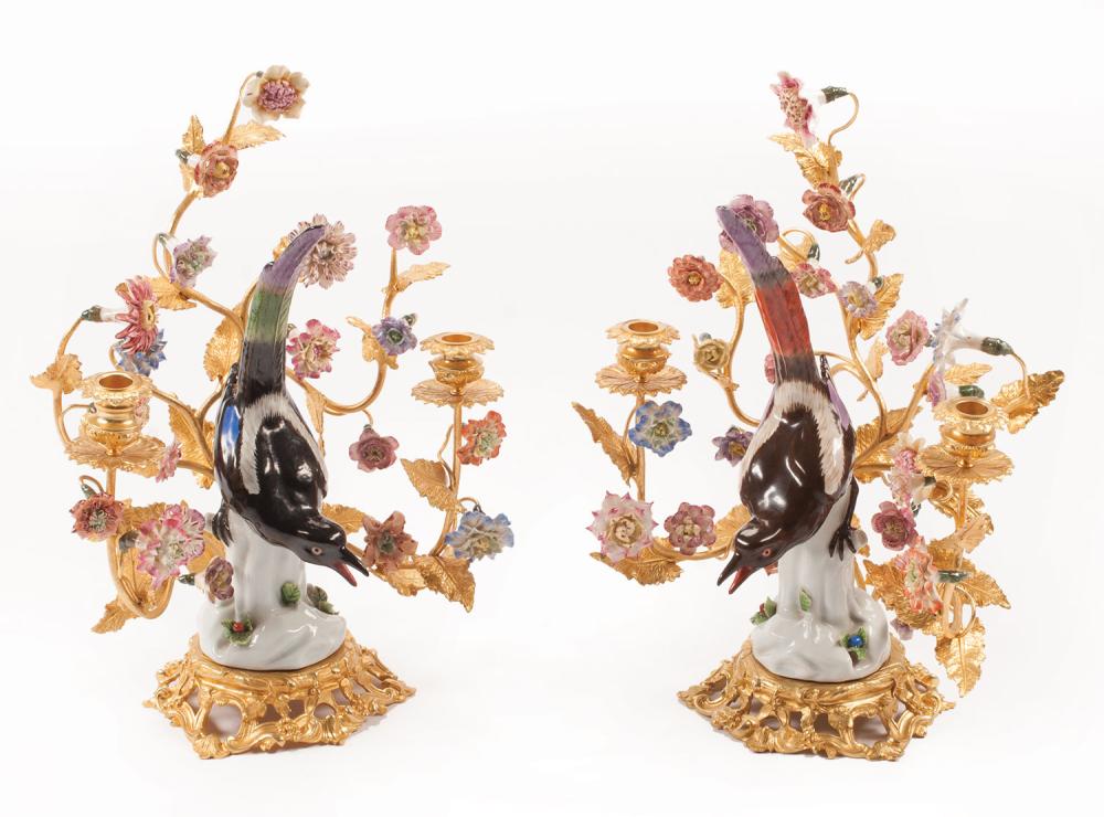 Appraisal: Pair of Continental Porcelain-Mounted Gilt Bronze Two-Light Candelabra floral branch