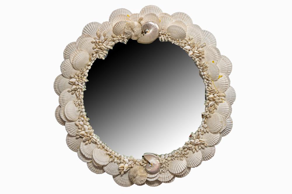 Appraisal: SHELL-ENCRUSTED WALL MIRRORcircular the mirror plate mounted to a panel