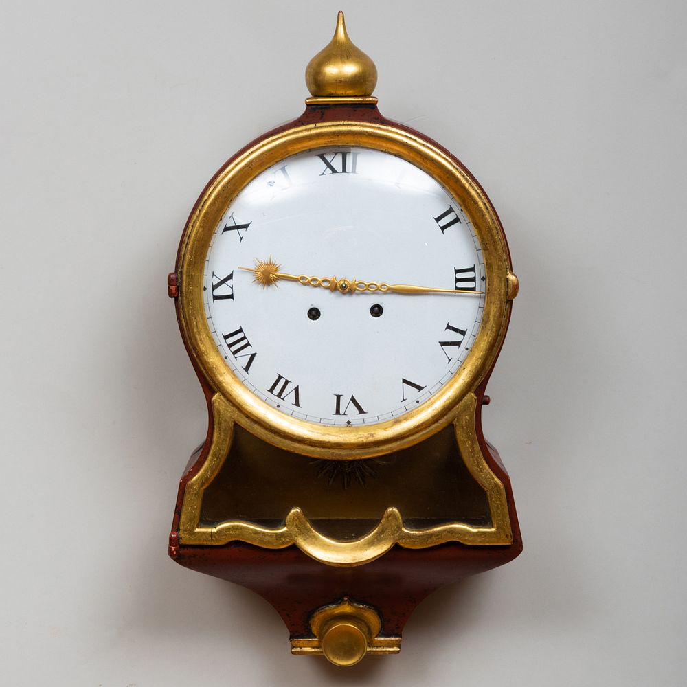 Appraisal: Continental Iron Red Painted and Parcel-Gilt Wall Clock x x