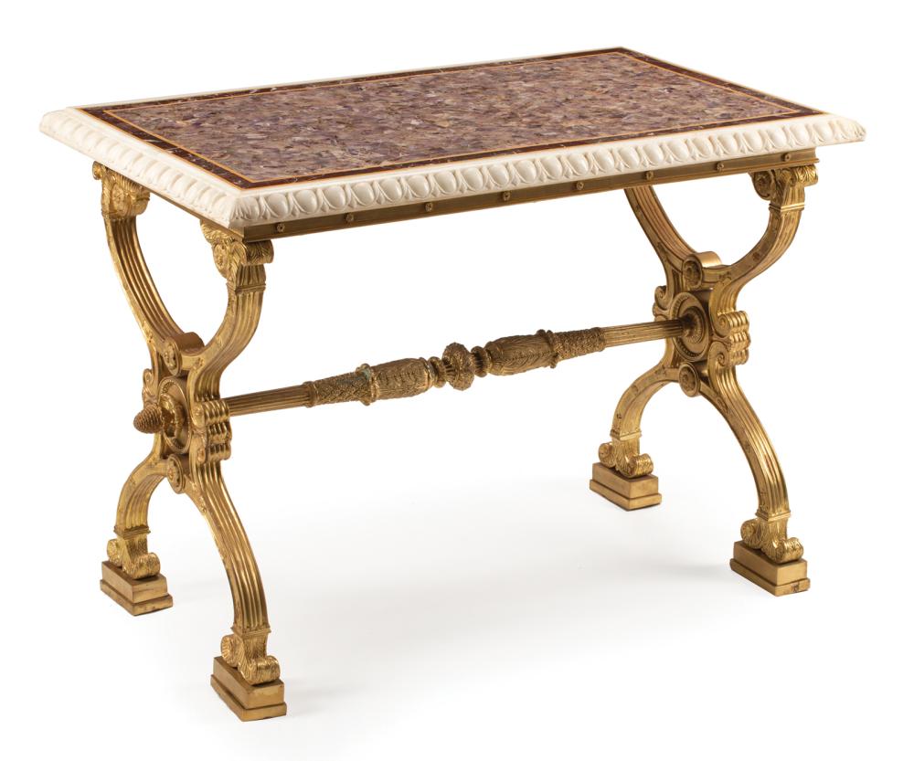 Appraisal: Charles X-Style Pietra Dura and Gilt Bronze Salon Table rectangular