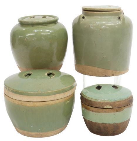 Appraisal: lot of Chinese earthenware covered vessels in celadon glazes retaining