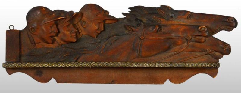 Appraisal: Wooden Whip Holder Description Features three jockeys with horses Three-dimensional