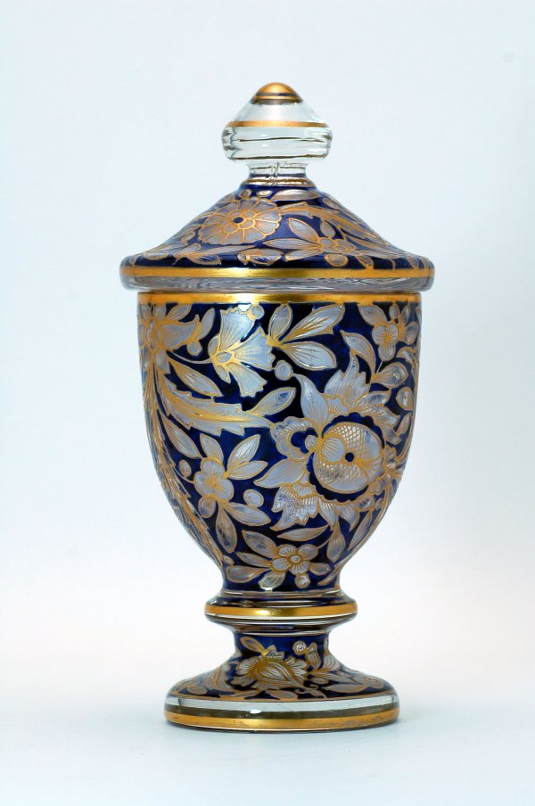 Appraisal: Late th century covered glass pokal having allover cut floral