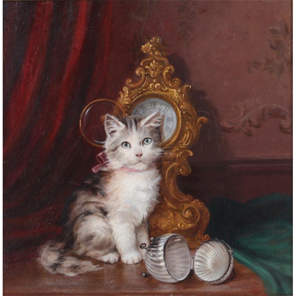 Appraisal: Daniel Merlin attr French - Mischief Kitten with Clock oil