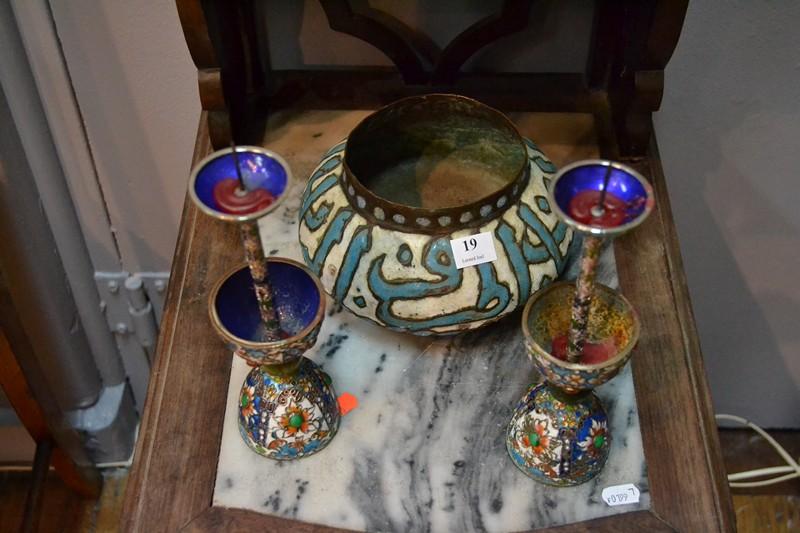 Appraisal: A PAIR OF CHINESE ENAMELLED CANDLESTICKS AND ISLAMIC ENAMELLED BOWL