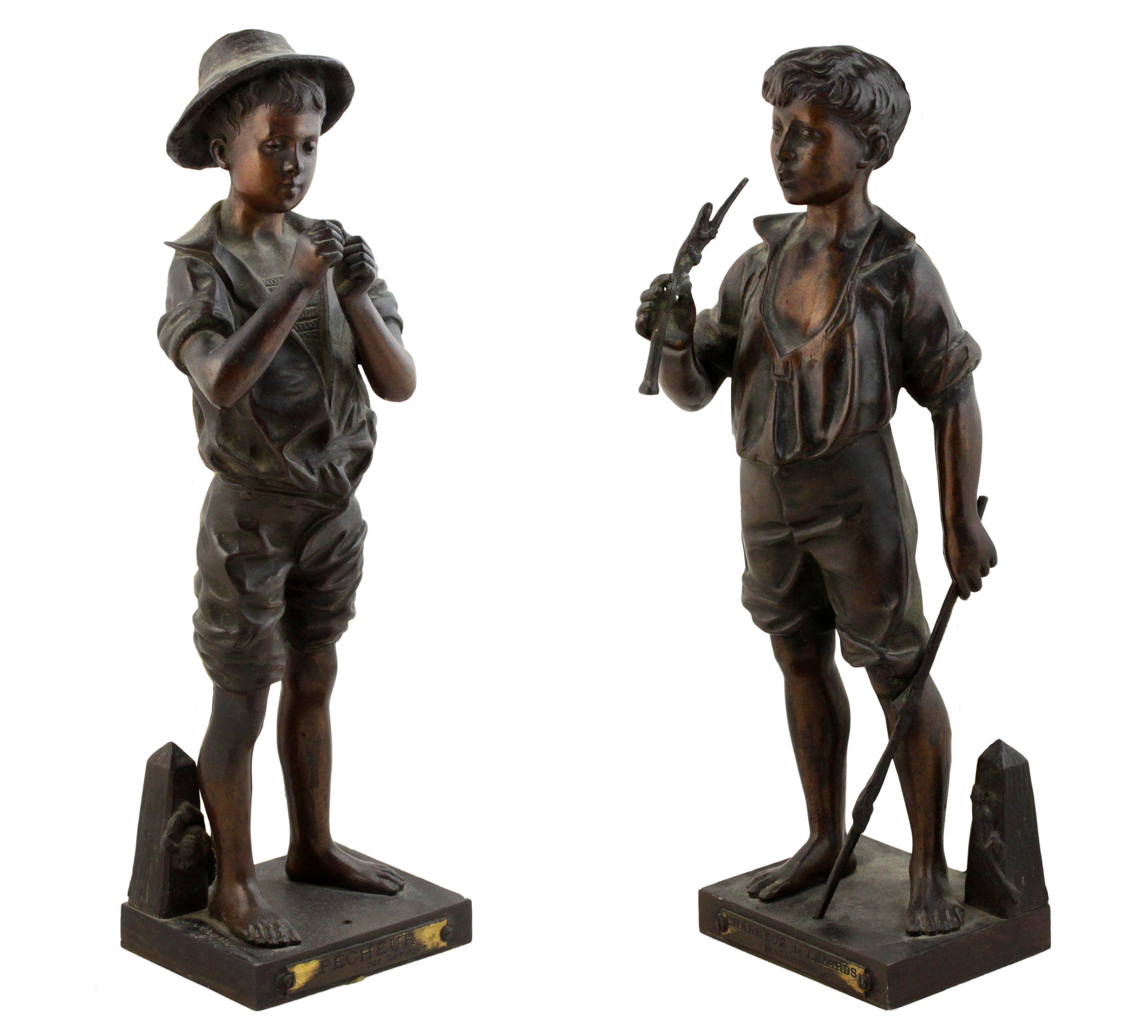 Appraisal: Lavergne Le Pecheur Charmeur De Lezards pair of bronze figures