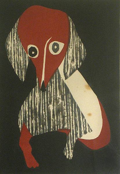 Appraisal: Kiyoshi Saito Japanese - Dachshund c Color woodcut on wove