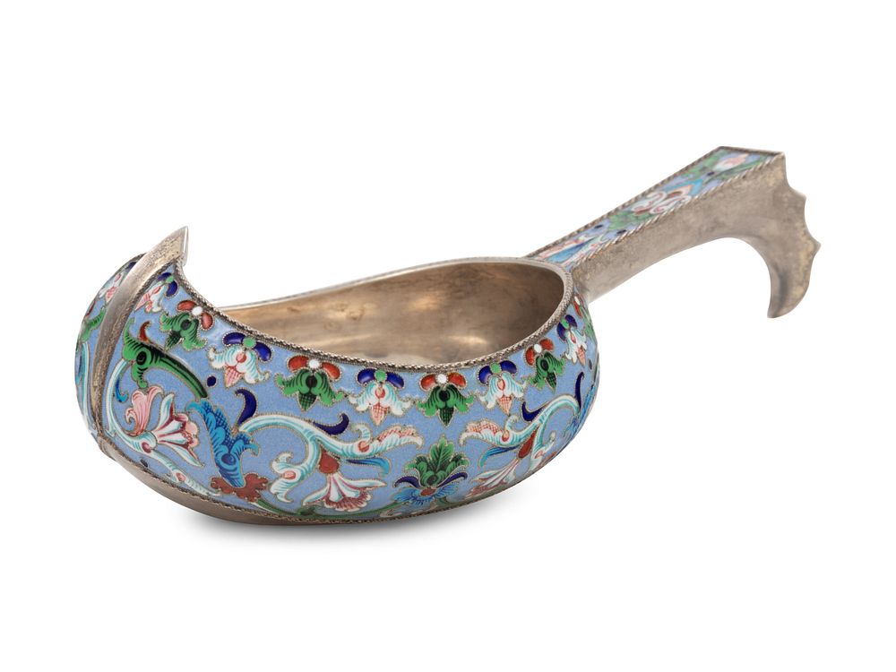 Appraisal: A Russian Shaded Enamel Silver Kovsh A Russian Shaded Enamel