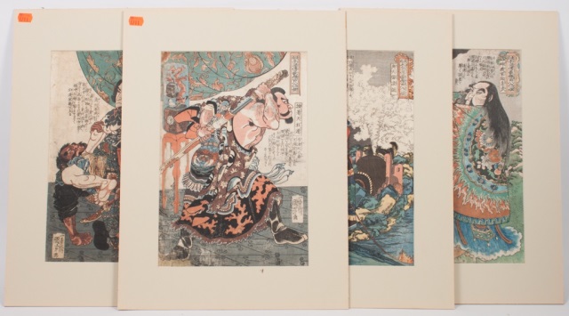 Appraisal: Four Japanese color woodcuts signed Kuniyoshi depicting legendary Chinese warriors