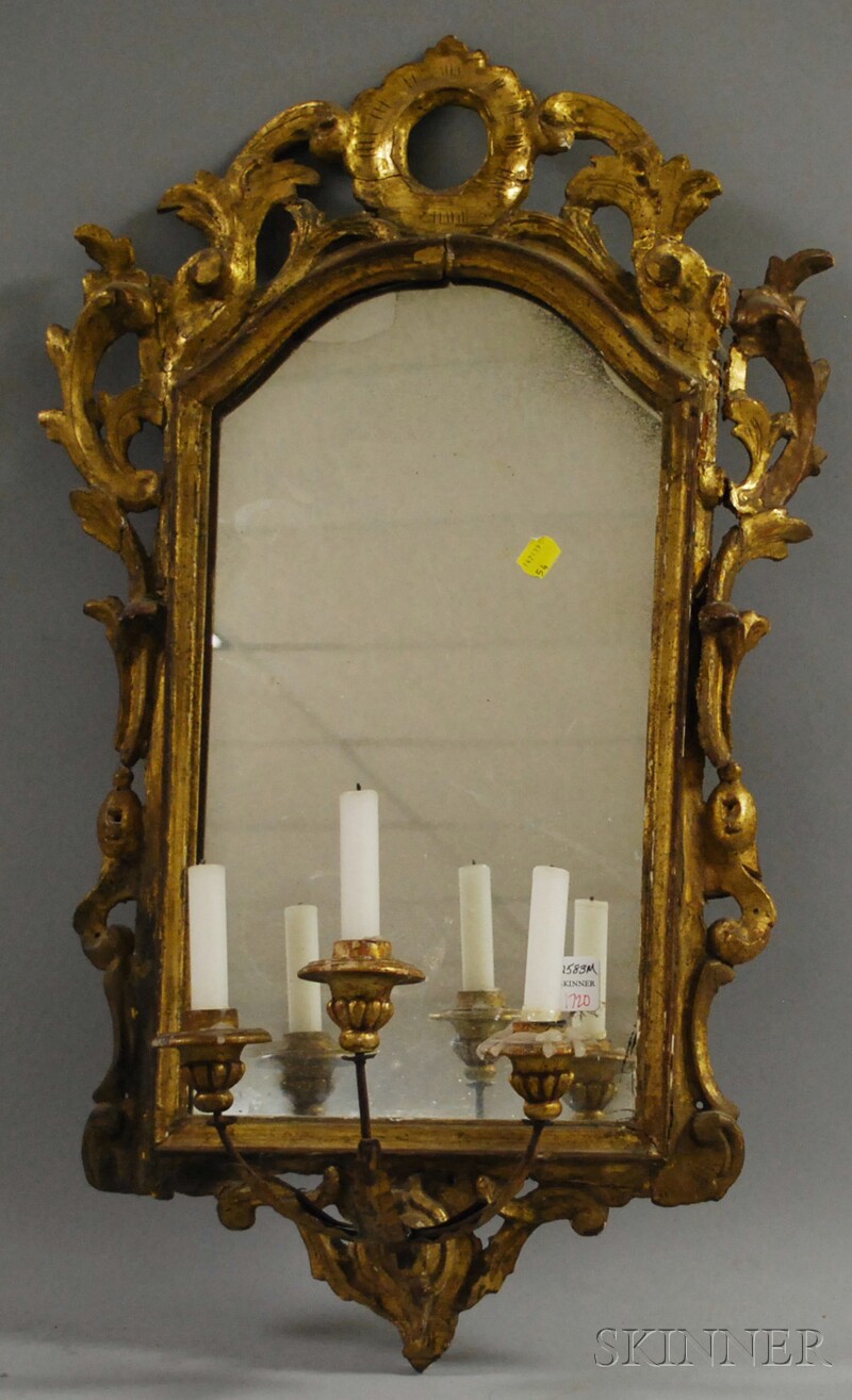 Appraisal: Continental Rococo Carved Giltwood Three-light Wall Mirror imperfections repairs lg