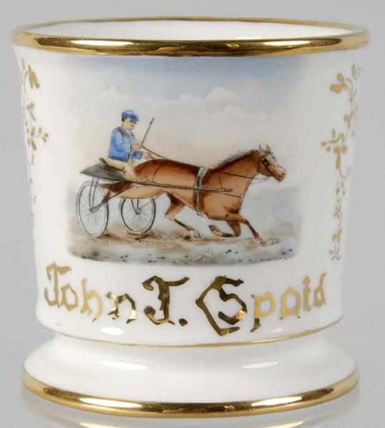 Appraisal: Horse-Drawn Sulky with Driver Shaving Mug Description Gilt name John