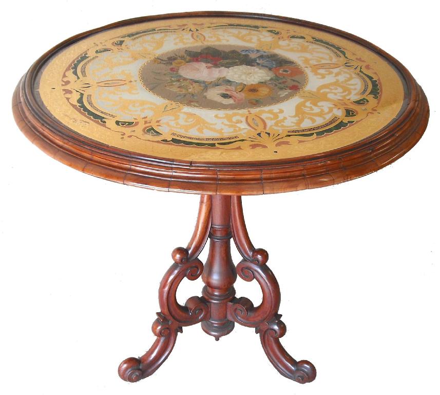 Appraisal: Attractive Victorian walnut circular centre table the glazed top painted