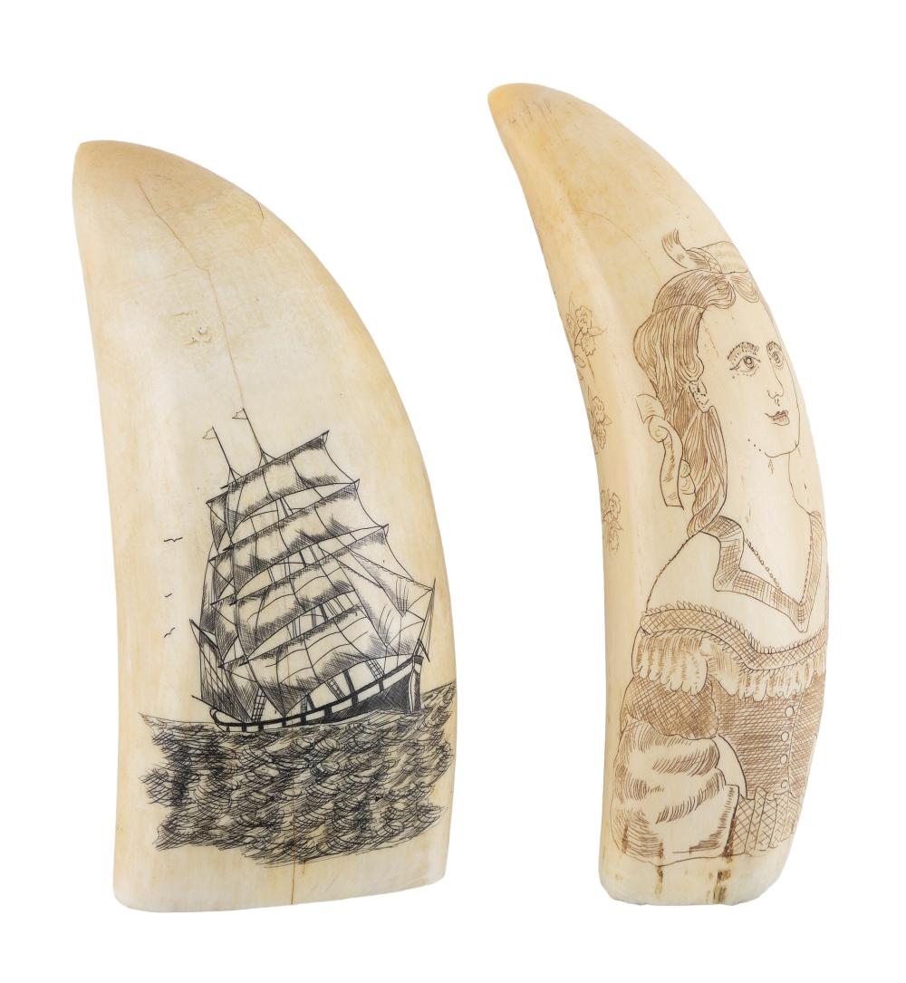 Appraisal: TWO ENGRAVED WHALE'S TEETH TH CENTURY LENGTHS AND TWO ENGRAVED