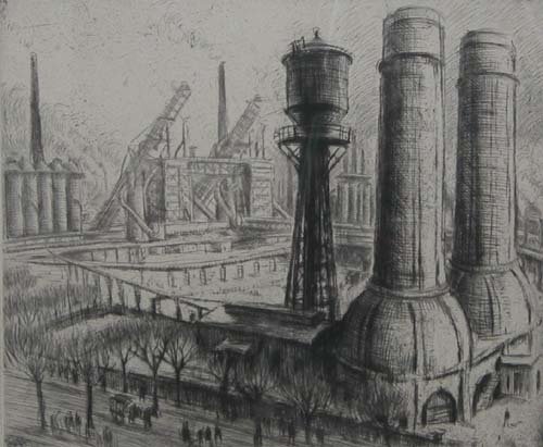 Appraisal: Smokestacks from the Mill circa drypoint etching on Paper th