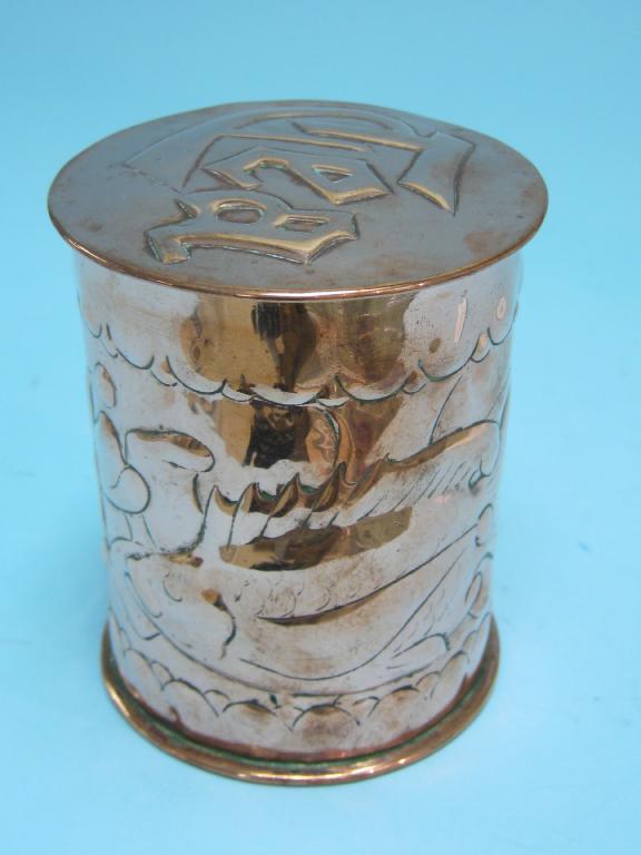 Appraisal: A Newlyn copper cylindrical Tea Caddy embossed with two fish