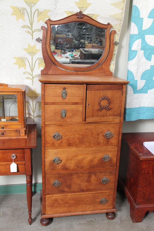 Appraisal: CHEST WITH MIRROR Birch and oak Slender chest with a