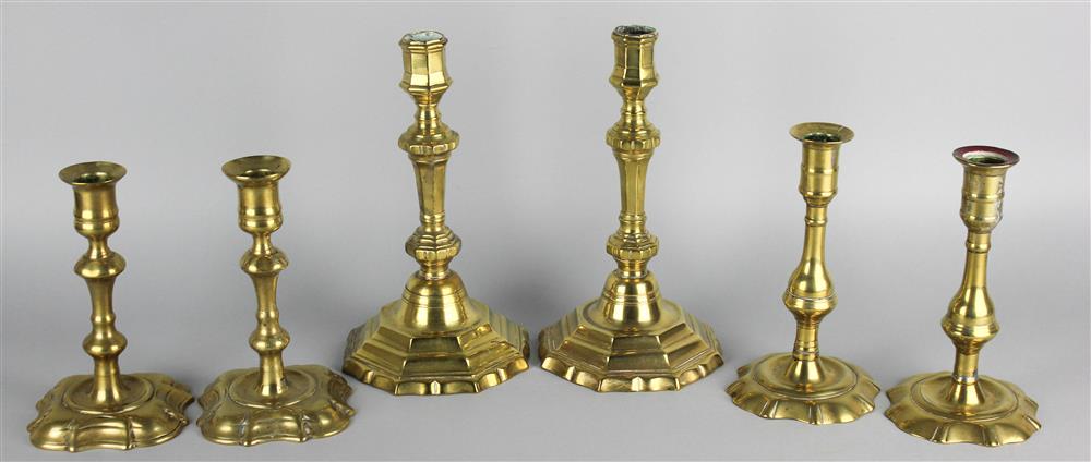 Appraisal: THREE PAIRS OF ENGLISH BRASS CANDLESTICKS th th Century including