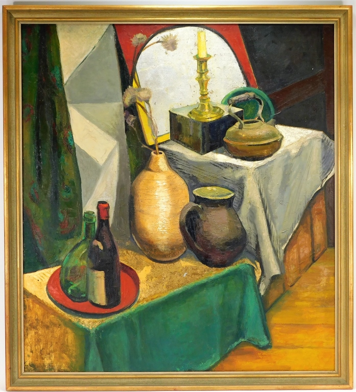 Appraisal: LG IRENE SALLEN WINE INTERIOR STILL LIFE PAINTING Massachusetts -