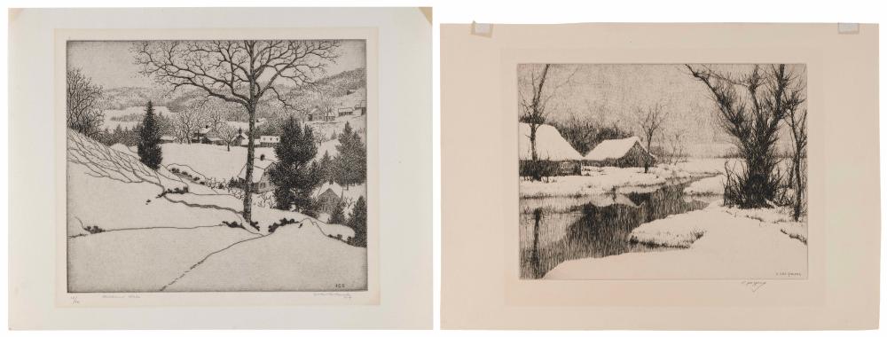 Appraisal: TWO COUNTRY WINTER SCENE ETCHINGS First Half of the th