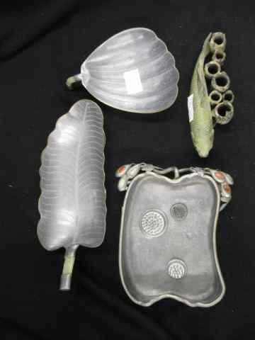 Appraisal: pcs Chinese Pewter includes leaf dishes with jade in handles