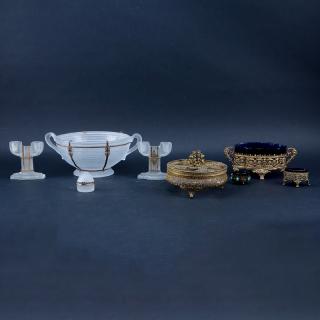 Appraisal: Eight Pieces Antique Bronze Mounted Glass Table Top Items Includes