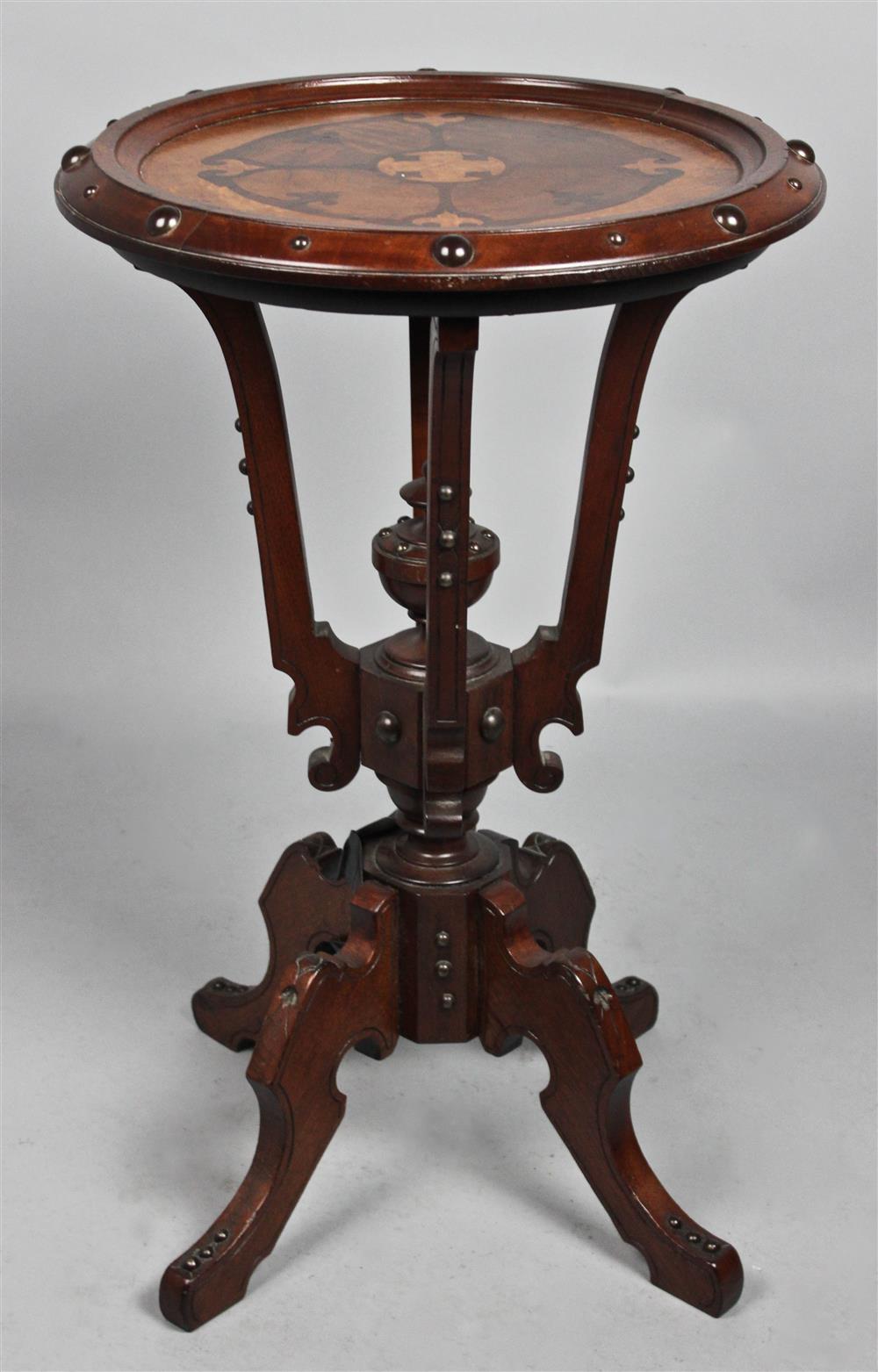 Appraisal: JACOBEAN STYLE CARVED INLAID PEDESTAL CIRCULAR SIDE TABLE dish top