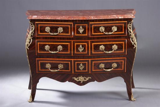 Appraisal: LOUIS XV STYLE PARQUETRY-INLAID BOMBE COMMODE late th century Serpentine