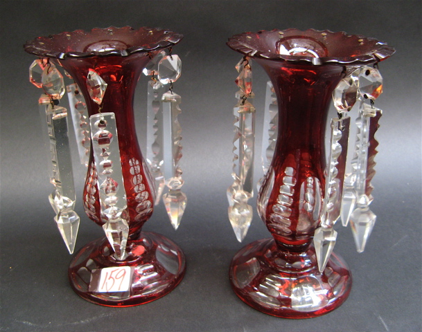 Appraisal: PAIR BOHEMIAN RUBY-RED GLASS LUSTRES red cut to clear with