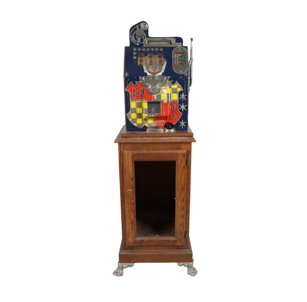 Appraisal: MILLS CASTLE FRONT CENT SLOT MACHINEon detached oak footed pedestal