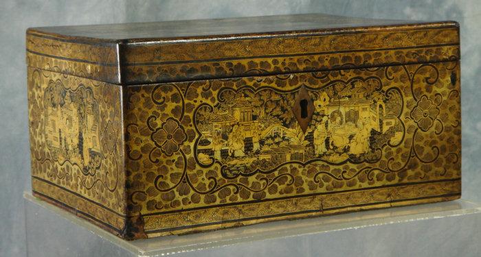 Appraisal: Lacquer decorated Chinese tea caddy double well interior with engraved