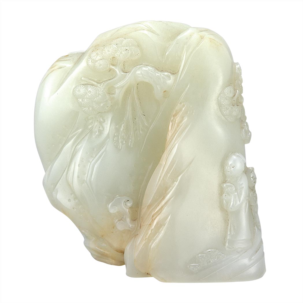 Appraisal: Chinese Celadon Jade Boulder Carved in relief with figures beneath