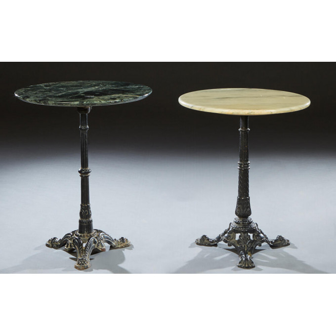 Appraisal: Pair of French Cast Iron Marble Top Bistro Tables the