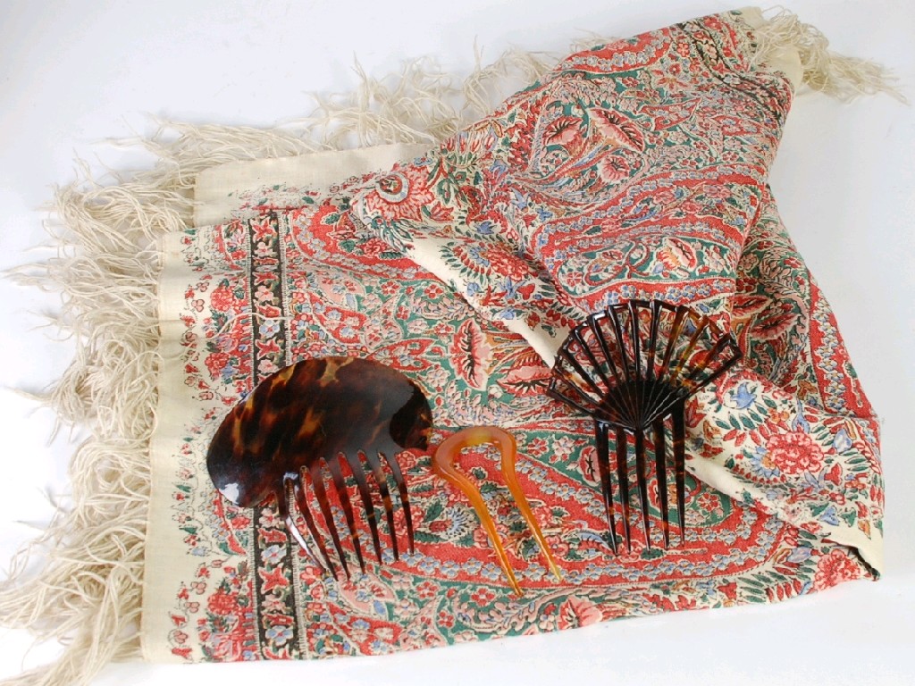 Appraisal: TWO EARLY TWENTIETH CENTURY SIMULATED TORTOISESHELL MANTILLA HAIR COMBS ANOTHER