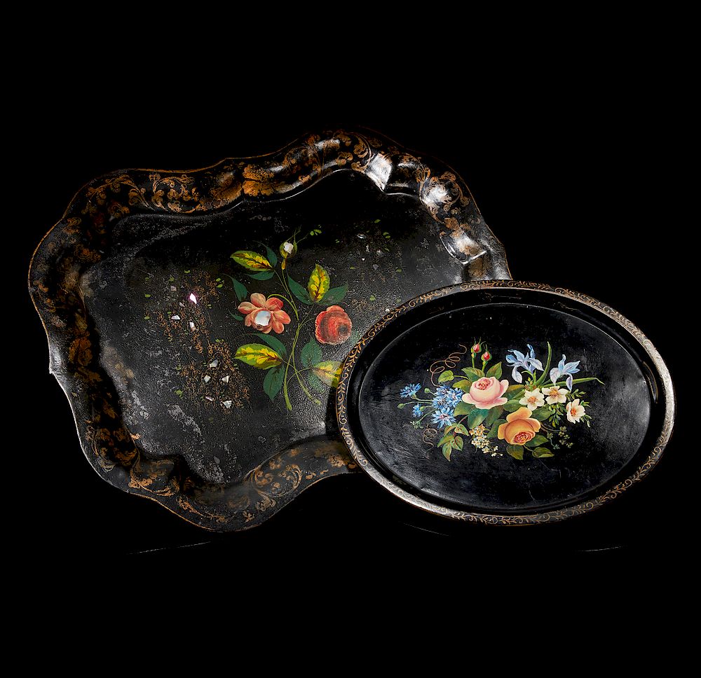 Appraisal: Two Painted Trays Two tole style painted black trays Dimensions