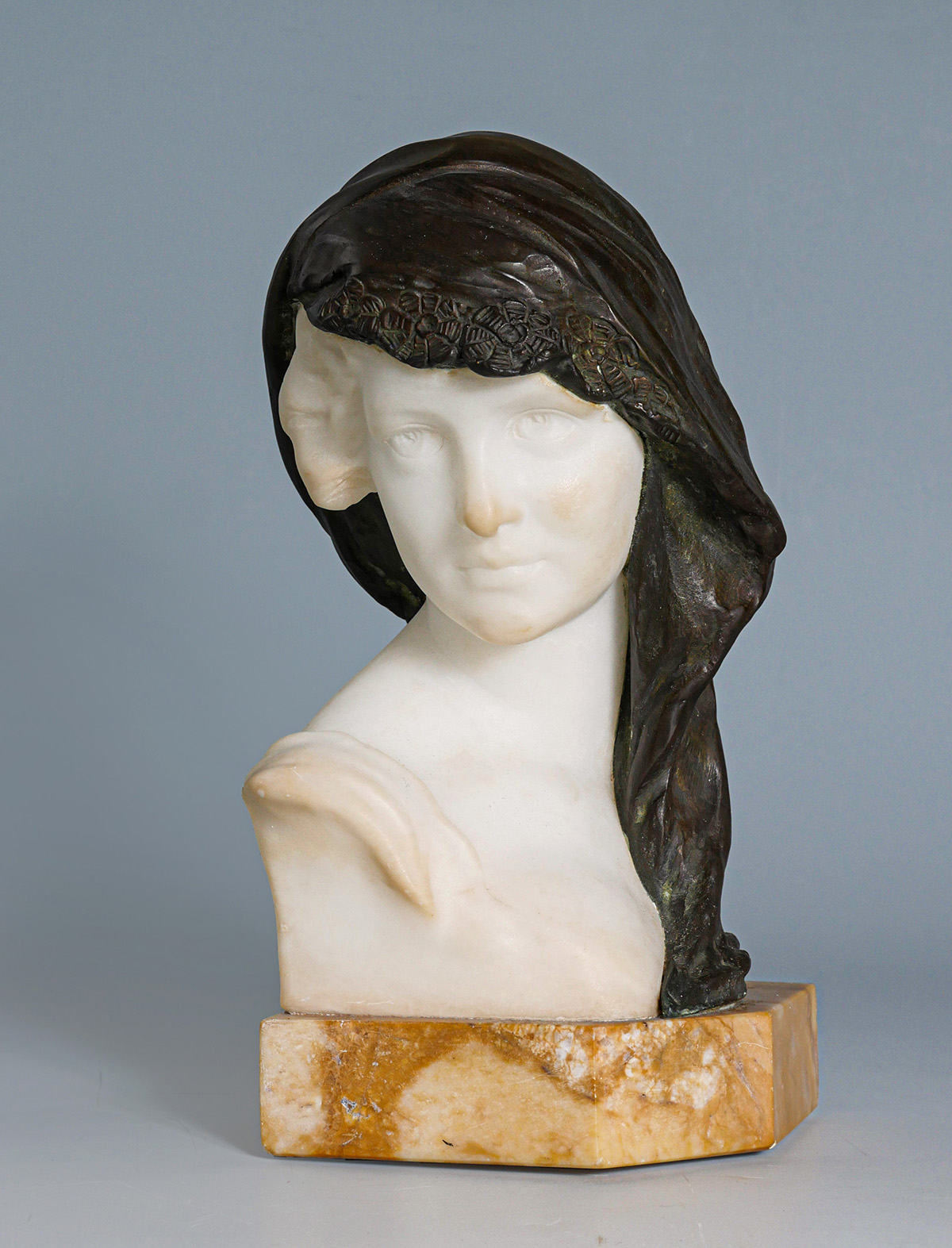 Appraisal: ILLEGIBLY SIGNED FEMALE ITALIAN ALABASTER BRONZE NOUVEAU BUST Overall ''