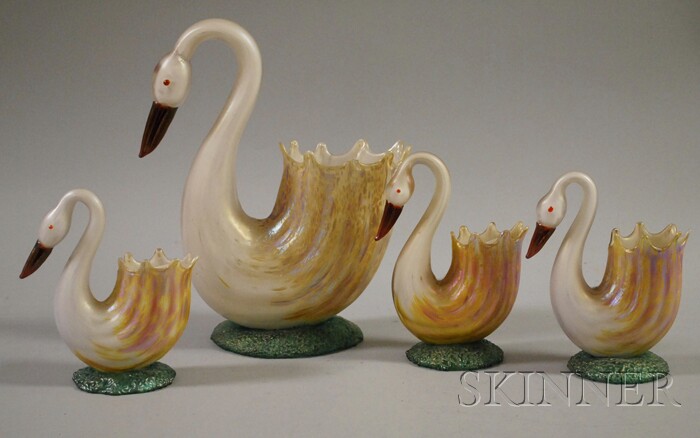 Appraisal: Set of Four Iridescent Art Glass Swan Figural Vases ht