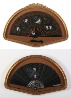 Appraisal: th c hand painted fans in shadowboxes Pair of th