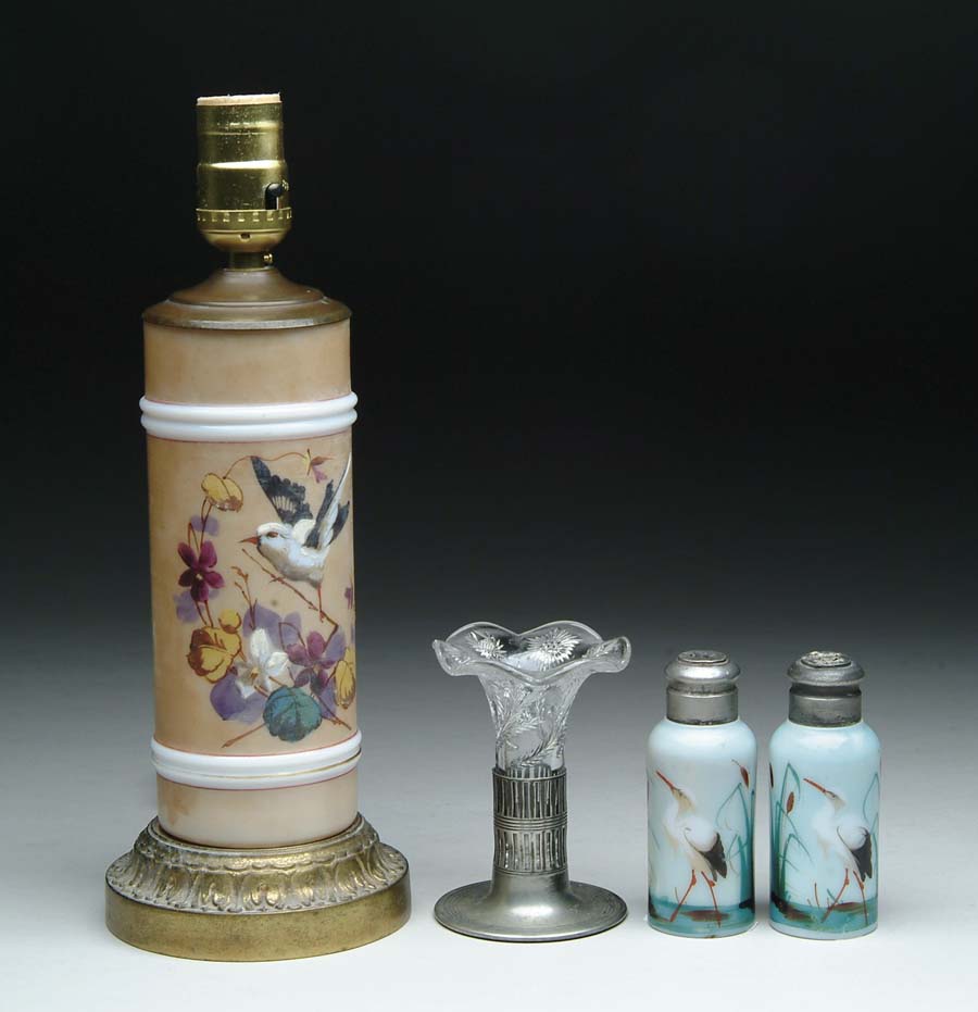 Appraisal: FOUR ART GLASS ITEMS Lot consists of a decorated white