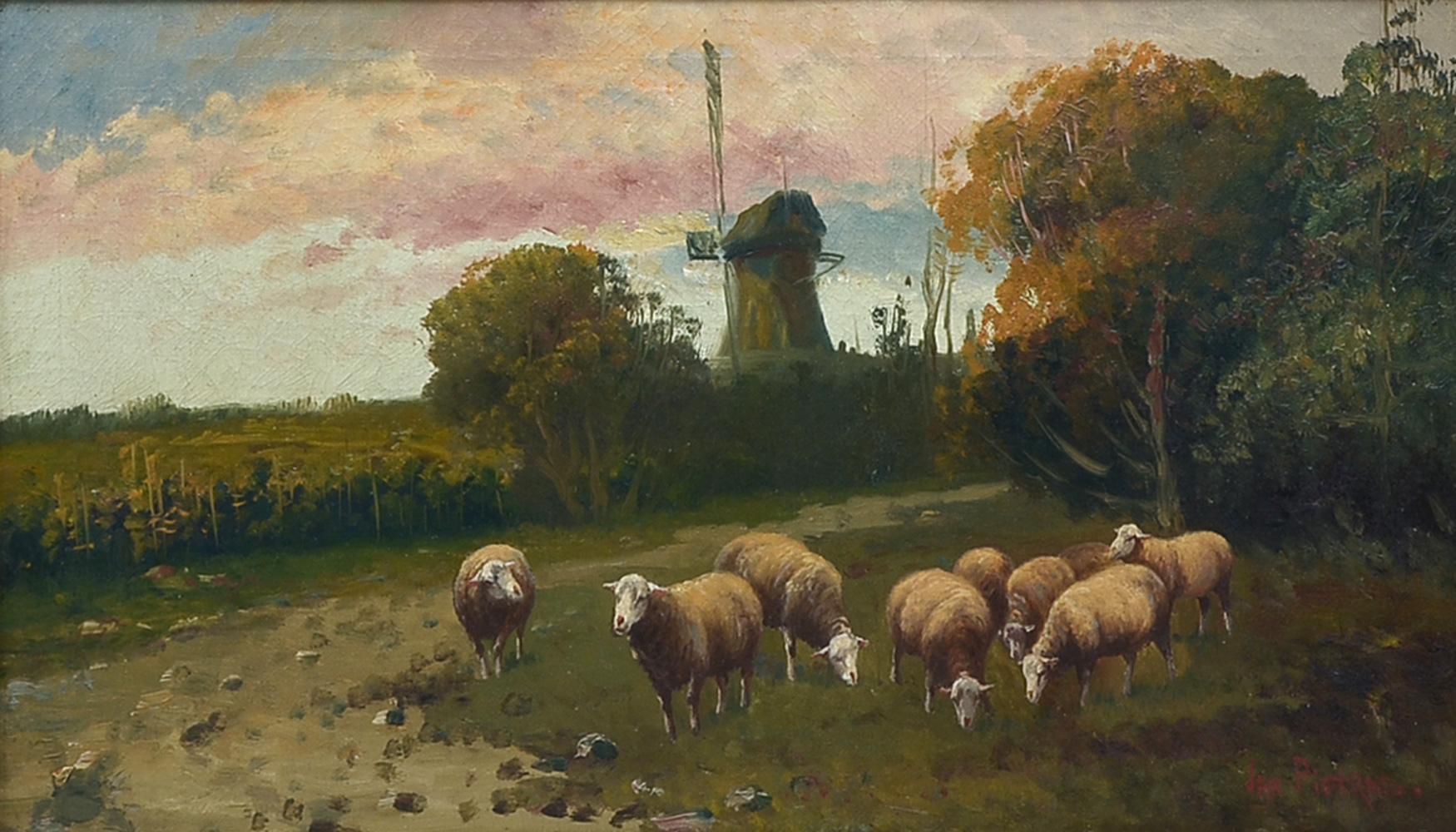 Appraisal: PIETRAS Jan th Century Dutch Landscape with Windmill and Sheep