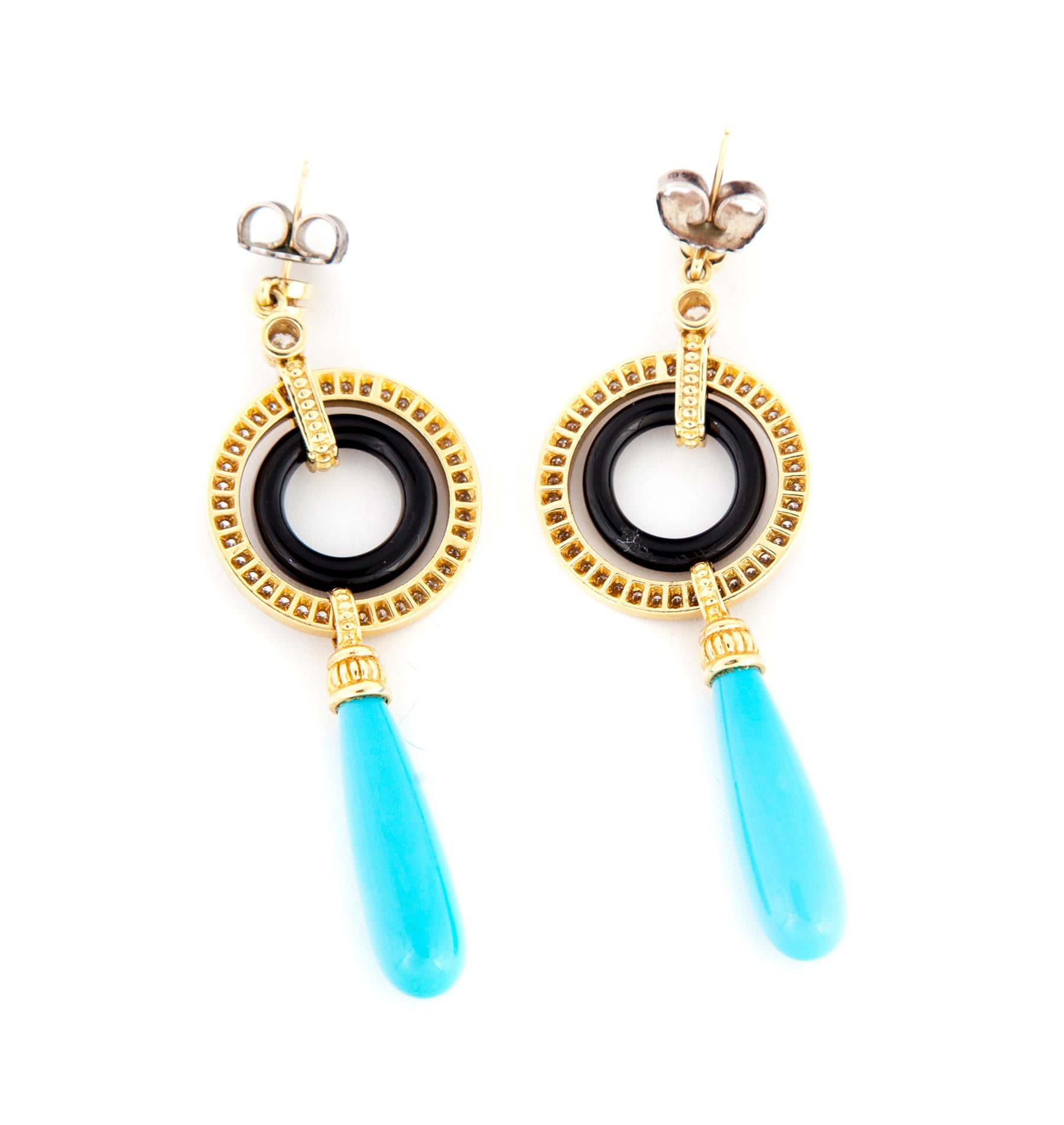 Appraisal: LAGOS GOLD TURQUOISE ONYX AND DIAMOND EARRINGS American st century