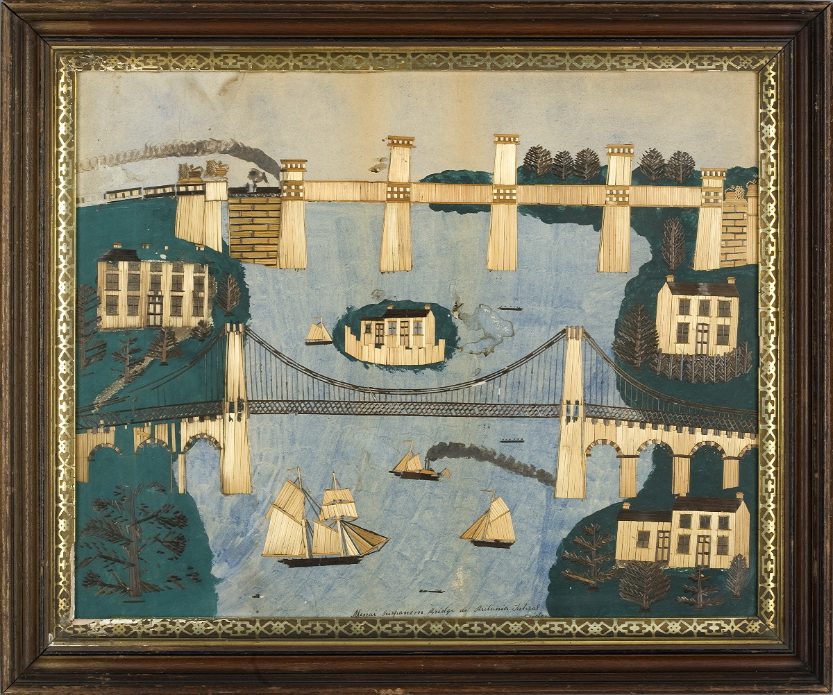 Appraisal: STRAW WORK PICTURE OF THE MENAI SUSPENSION BRIDGE AND THE